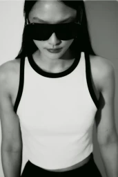 Model Yoonmi Sun wearing oversized black shield sunglasses and a white tank top with black contrast trim against a white backdrop.