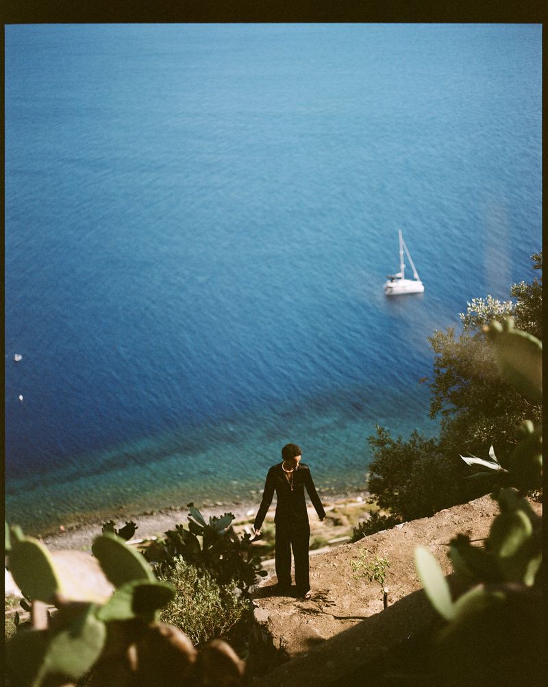 A man in a suit stands on a stone path overlooking a vast blue sea with a sailboat, framed by lush greenery.