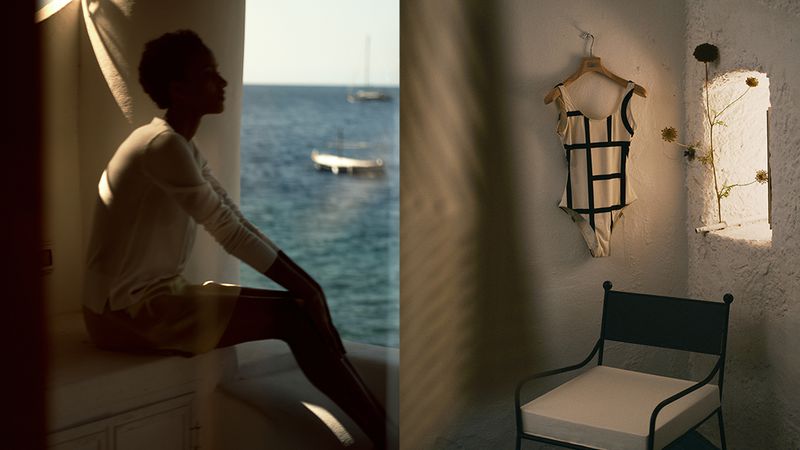 Split image shows a woman looking out at boats on the sea, and a black chair and swimsuit hanging in an indoor setting.