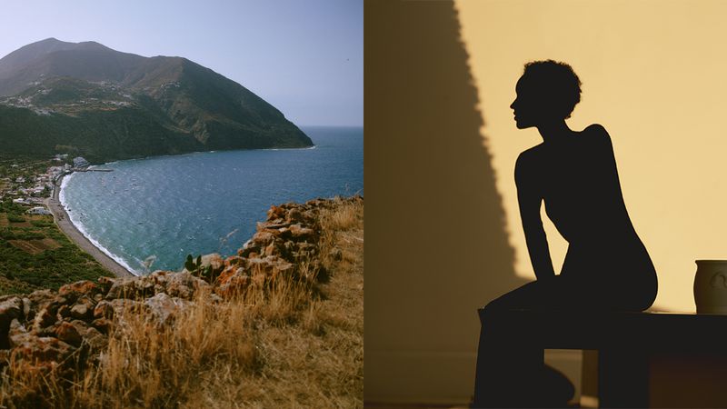 Split view: coastal mountain village landscape; silhouette of adult female seated, contrasted lighting and shadow in indoor setting.