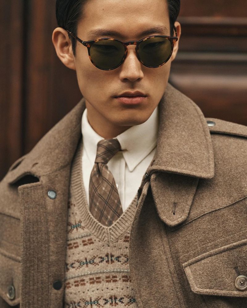 Portrait of an Asian man in a brown coat and patterned sweater, wearing sunglasses and a tie, standing against a dark background.