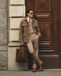 Man wearing a brown wool utility jacket, knit sweater vest, pleated trousers, and sunglasses holding a large brown suede tote bag.