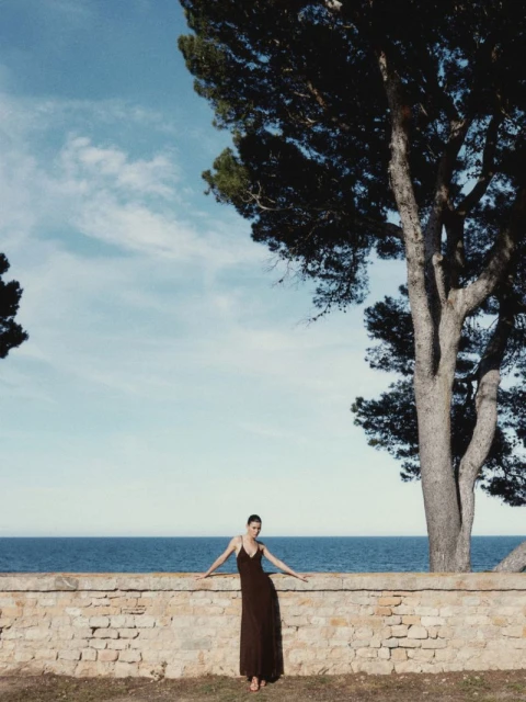 Adult female in long brown dress poses on stone wall near ocean and trees under blue sky. Fashion, landscape, daytime.