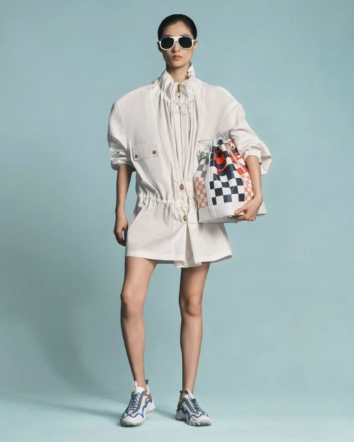 Fashion shot of an Asian woman wearing an all-white outfit and sunglasses holding a checkered bucket bag on a blue background.
