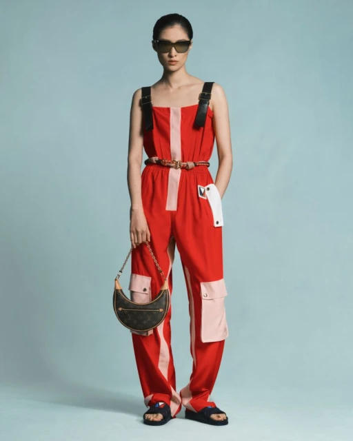 A woman models red color-blocked jumpsuit with black straps and sunglasses in a studio with a light blue backdrop, holding a brown purse.