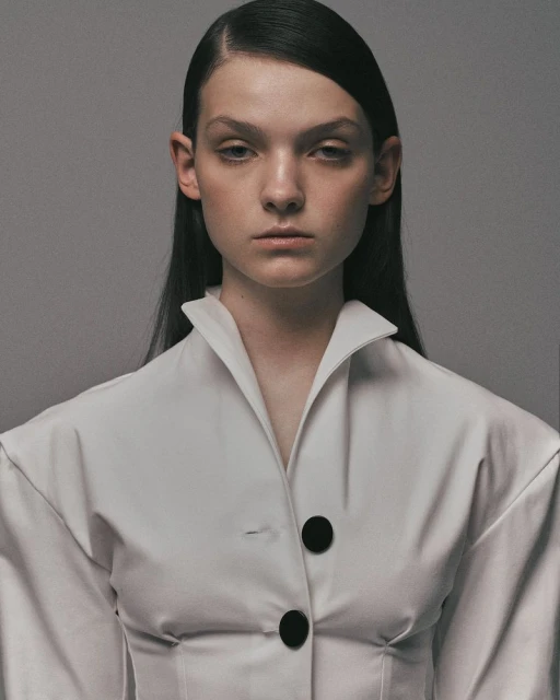 Headshot of a young woman with dark hair in a white collared jacket against a grey background, fashionable and minimalist.