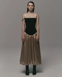 Model wearing a black top and champagne gold pleated skirt against a plain grey studio backdrop for Aaizel FW24.