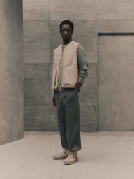 A man wearing a padded vest, grey sweater, and green trousers standing in a minimalist concrete architectural space.