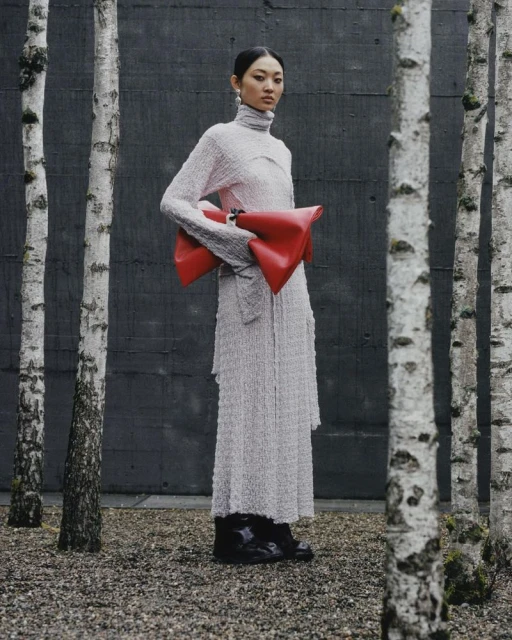 Fashionable Asian woman poses in a long dress, holding a red bag, in a birch tree grove with gray gravel and a dark gray background.
