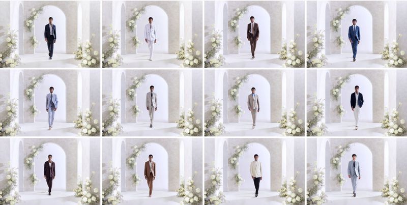 A man walks towards the camera, wearing a suit, in front of a floral archway, multiple times in a grid arrangement, fashion editorial.