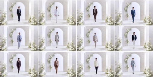 Twelve-panel composite image of male models walking down a runway set against a white arched architectural backdrop with white floral arrangements.