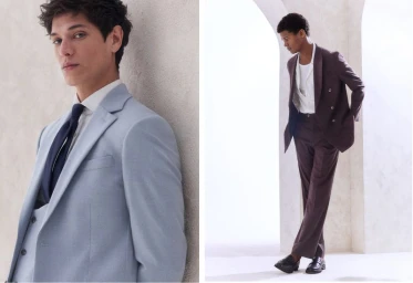 Two male models in tailored wedding suits posing against neutral architectural walls for Moss SS24 collection