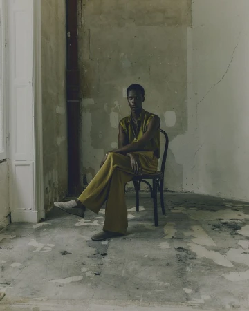 A person sits on a black chair in a sparsely decorated room, wearing mustard-colored clothing, with a stone floor and peeling paint.