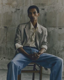 Man wearing a grey blazer and blue jeans seated against a textured concrete wall