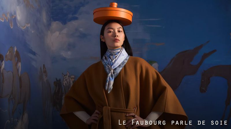Asian woman wearing a tan cape and neck scarf, with an orange hat box on her head, poses in front of a painted backdrop.