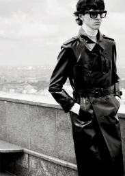 Model in dark sunglasses and a belted leather trench coat standing on a rooftop for Tom Ford men's wear.