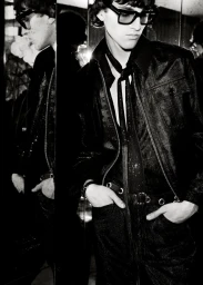 Monochrome portrait of a male model in dark sunglasses, dark jacket, and tie, reflected in multiple mirrors.