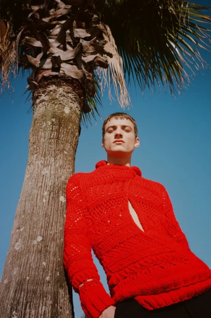 Portrait of a young adult man wearing a red knit sweater, posing next to a palm tree against a clear blue sky in outdoor lighting.