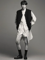 Model in black vest, striped long shirt, and shorts against a neutral grey studio backdrop