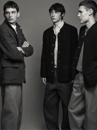 Three male models in dark wool jackets and trousers posing against a neutral grey studio background