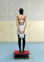 Model standing on a springboard holding a pale blue handbag, seen from behind for the Oroton Somersault project.