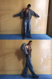 A split-frame editorial fashion image featuring a model wearing a grey jacket, patterned top, and wide-leg denim jeans against a textured wall.