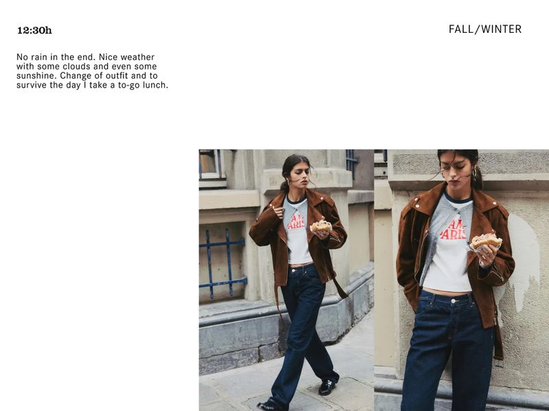 Fashion shot of a woman wearing a brown jacket and jeans, holding a sandwich, posed in an urban environment. Editorial lifestyle content.