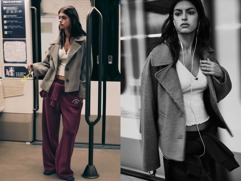 A split-screen fashion shot of a brunette woman in a jacket and sweatpants on a train, showcasing a casual yet stylish look.