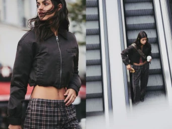 Close-up and wide shot split of a model wearing a dark bomber jacket and plaid trousers on an escalator.