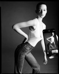 Model with short hair in a white tank top and dark jeans being photographed on a smartphone for Coperni