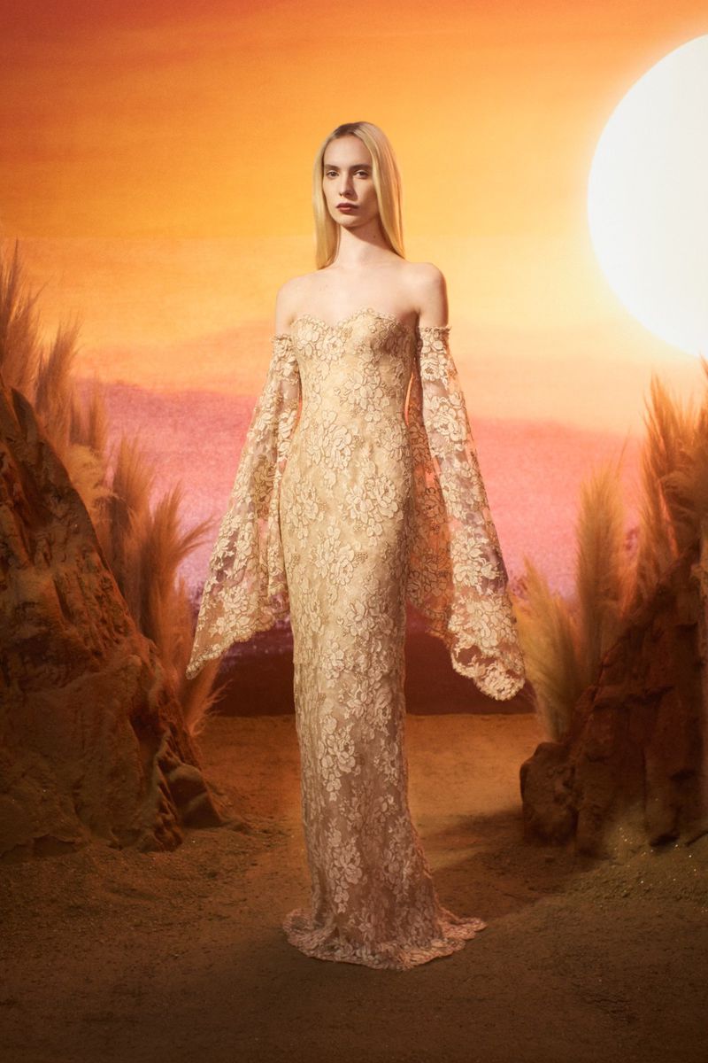 A fair-skinned woman with long blond hair models an off-the-shoulder, floor-length lace gown with sleeves in a desert-like environment.