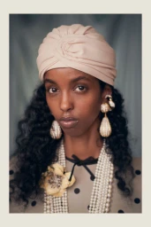 Model Amina Hassan wearing a blush draped turban, ornate statement drop earrings, and layered pearl necklaces for Valentino.