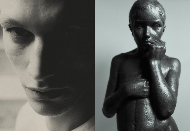 Black and white split image featuring a man's face and a sculpture of a nude woman, showcasing portrait and artistic elements.