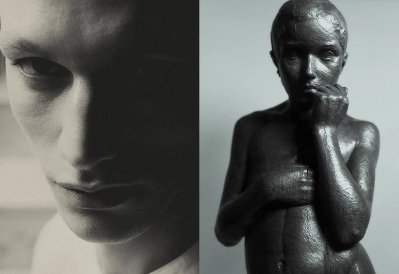 Black and white split image featuring a man's face and a sculpture of a nude woman, showcasing portrait and artistic elements.