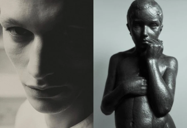 Black and white split image featuring a man's face and a sculpture of a nude woman, showcasing portrait and artistic elements.