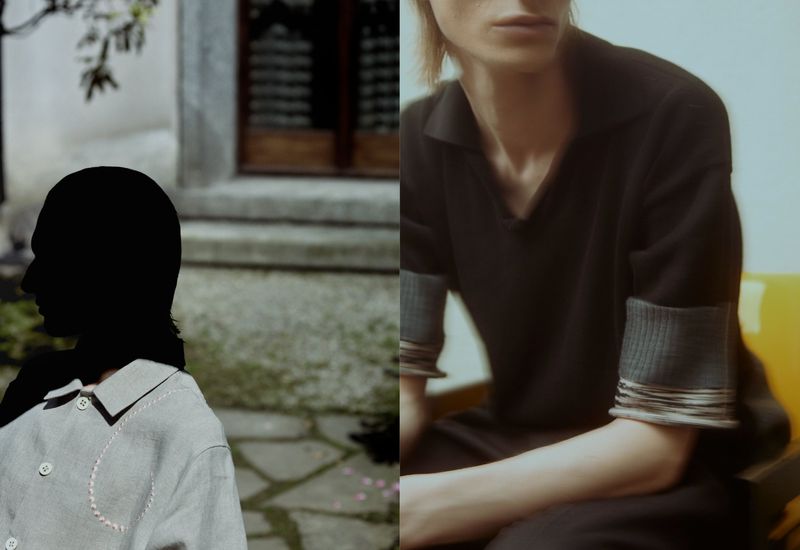 Diptych framing showing a silhouetted profile in an embroidered shirt beside a model in a dark knit polo.
