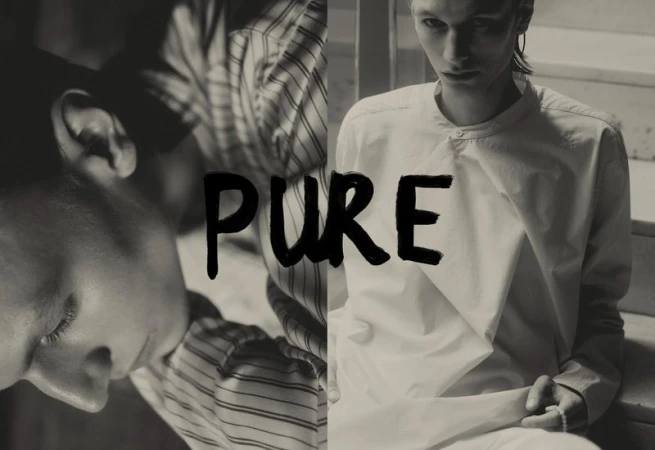 Monochrome fashion shot of two young adult models in a split frame featuring one model with eyes closed and the other in white clothing.
