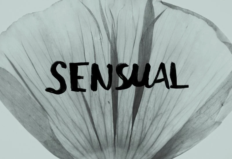 Monochrome image of a translucent flower petal with visible veins, overlaid with the word 'SENSUAL' in bold, black, handwritten-style font.