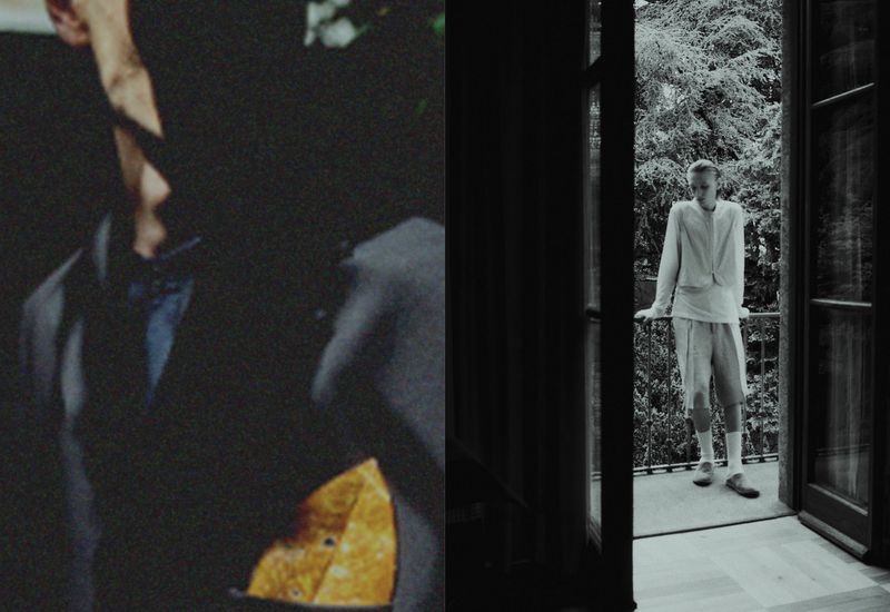 A split image showcases a man's dark suit and profile in deep shadow and a full-body view of a light-clothed figure on a balcony.
