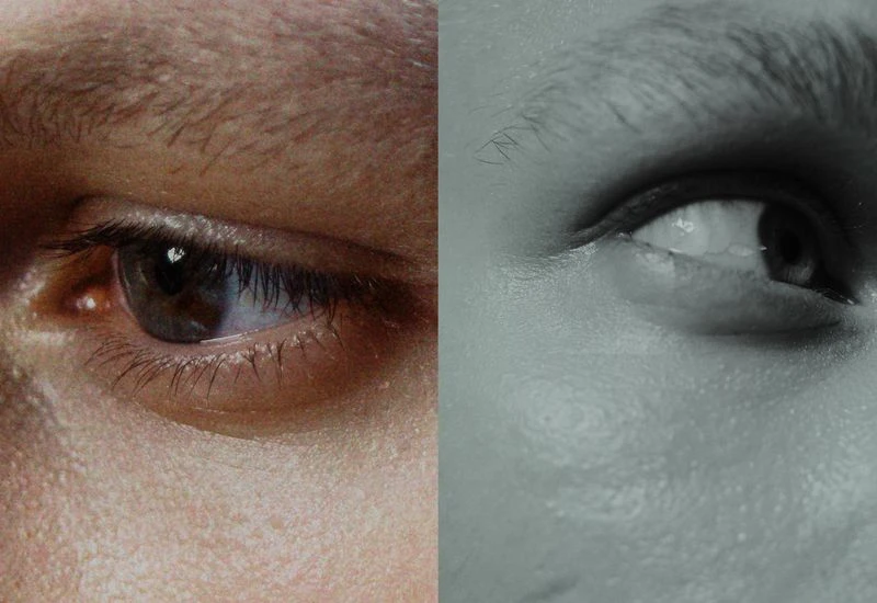Macro shot showing two human eyes, one in color with brown iris, the other eye in grayscale, side-by-side, close-up of human face.