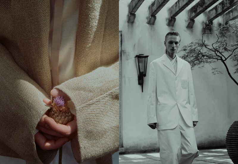 Split-screen fashion shot: a person in beige holding a thistle; a person in white suit stands in an outdoor courtyard.