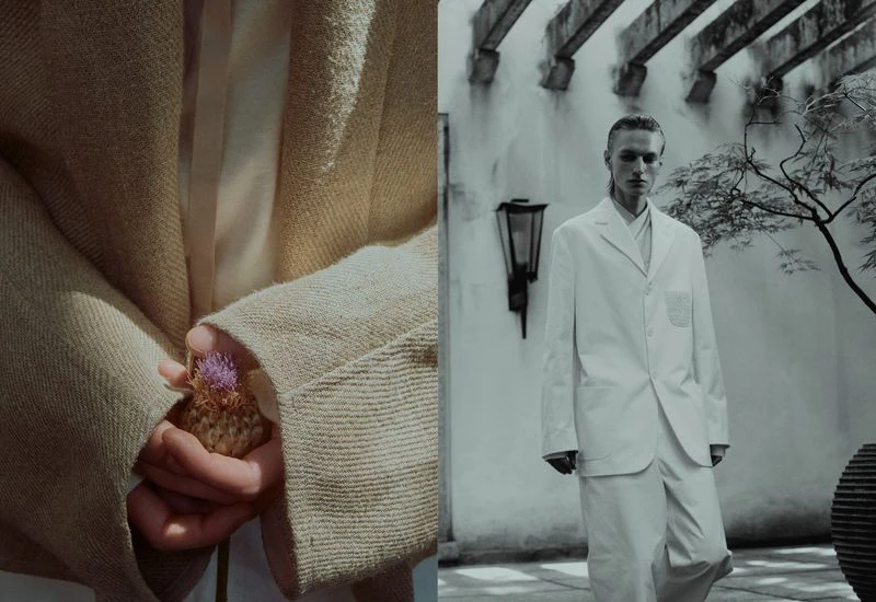 Split-screen fashion shot: a person in beige holding a thistle; a person in white suit stands in an outdoor courtyard.
