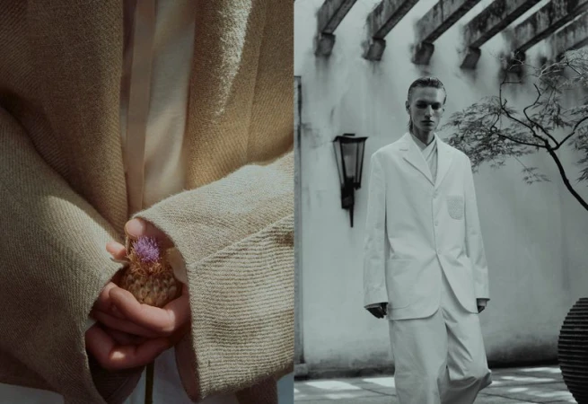 Split-screen fashion shot: a person in beige holding a thistle; a person in white suit stands in an outdoor courtyard.