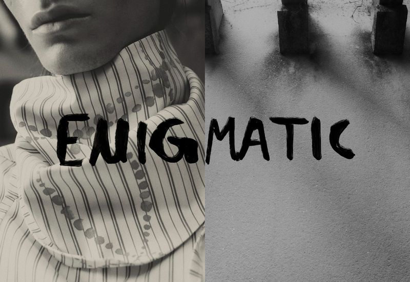 Split black-and-white image featuring a shirted person and an abstract background with the word 'ENIGMATIC' written across it.