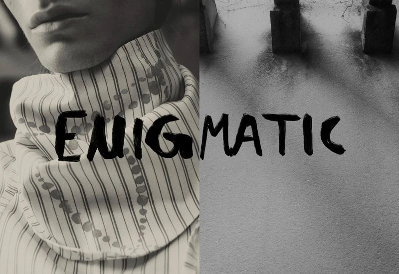Split black-and-white image featuring a shirted person and an abstract background with the word 'ENIGMATIC' written across it.