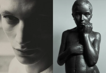Diptych pairing a high-contrast close-up portrait of a man's face beside a dark bronze sculpture of a figure.