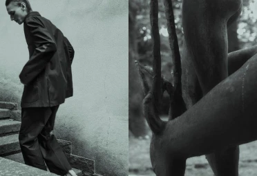 Monochrome diptych showing a model walking up outdoor stone stairs and a close-up of a dark sculptural object