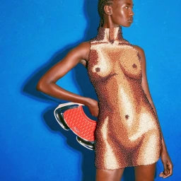 Model wearing a beaded trompe l'oeil body dress holding a red quilted handbag against a bright blue background