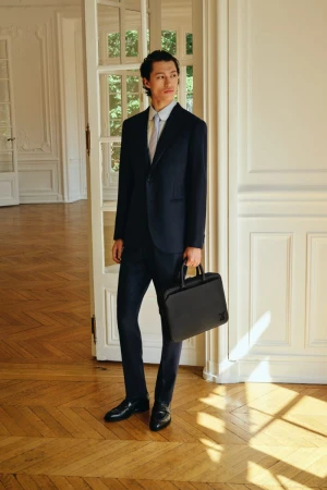 A stylish man in a navy suit carrying a black briefcase stands confidently in a bright, elegant interior with classic French doors.