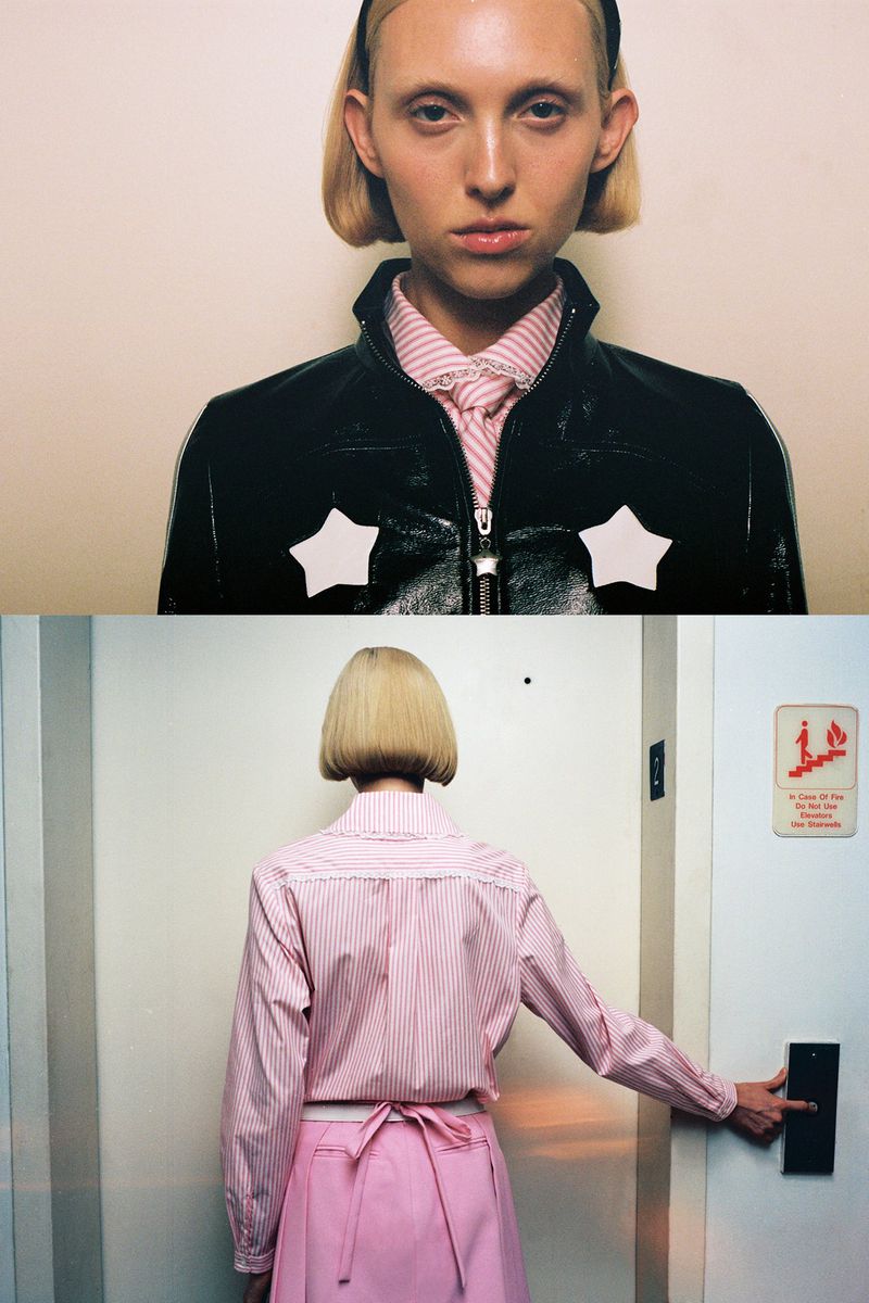 Two-panel studio portrait features a blonde woman in a black jacket and pink shirt, plus an elevator scene with the same woman in pink.